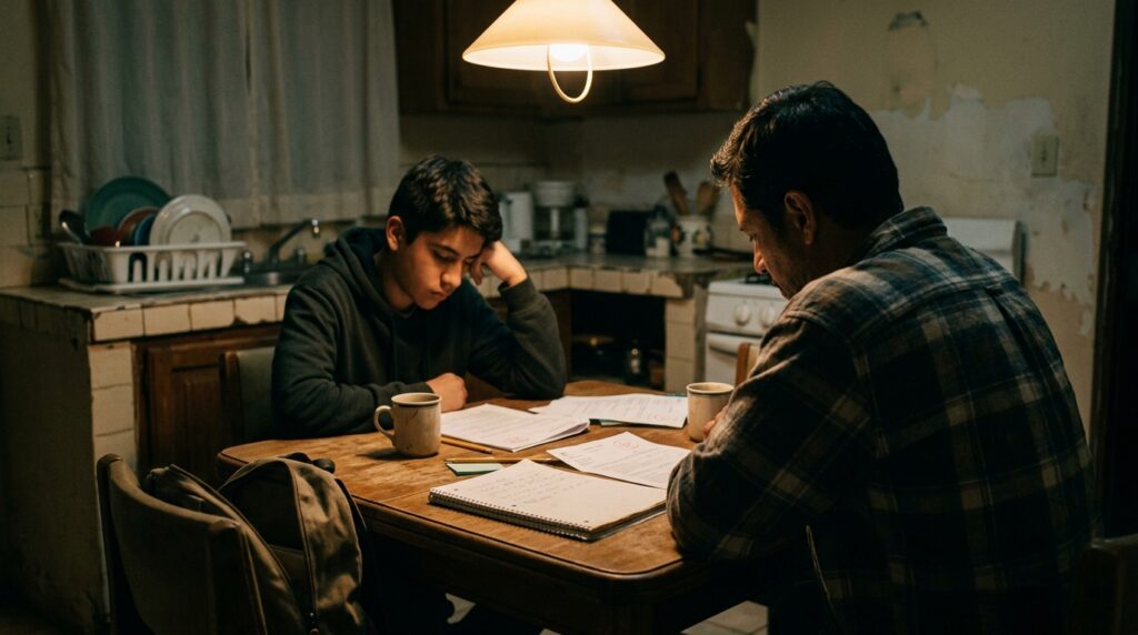Padre e hijo adolescente conversando de noche en la mesa de la cocina entre papeles escolares