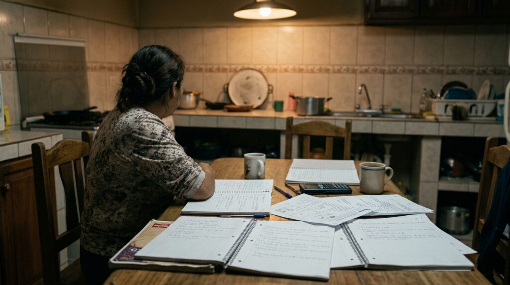 Mesa de cocina de noche con papeles escolares y libreta, madre y adolescente conversando vistos desde atrás