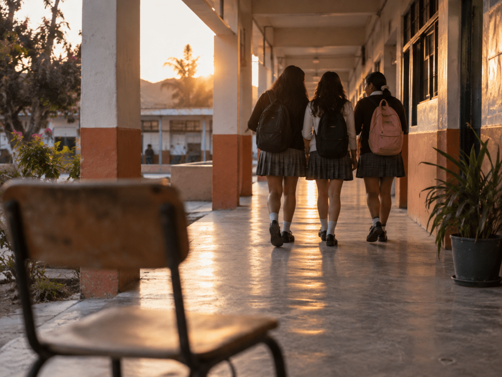 Tres estudiantes caminando juntas por un pasillo escolar al atardecer, vistas desde atrás, con una silla vacía desenfocada en primer plano