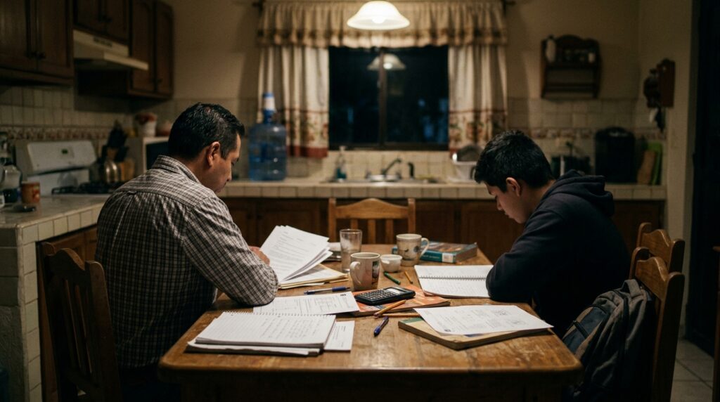 Mesa de cocina mexicana de noche con papeles y cuadernos regados, padre e hijo adolescente conversando sentados frente a frente vistos desde atrás