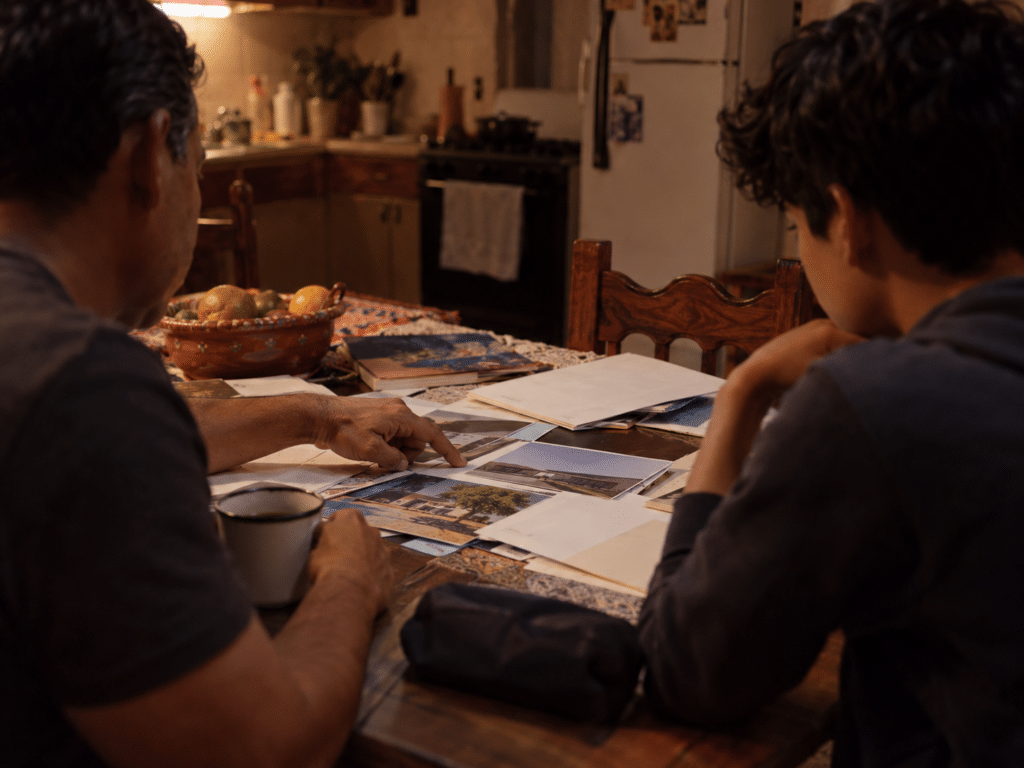 Mesa de cocina de noche con papeles y folletos universitarios regados y manos de padre e hijo revisándolos sin mostrar rostros