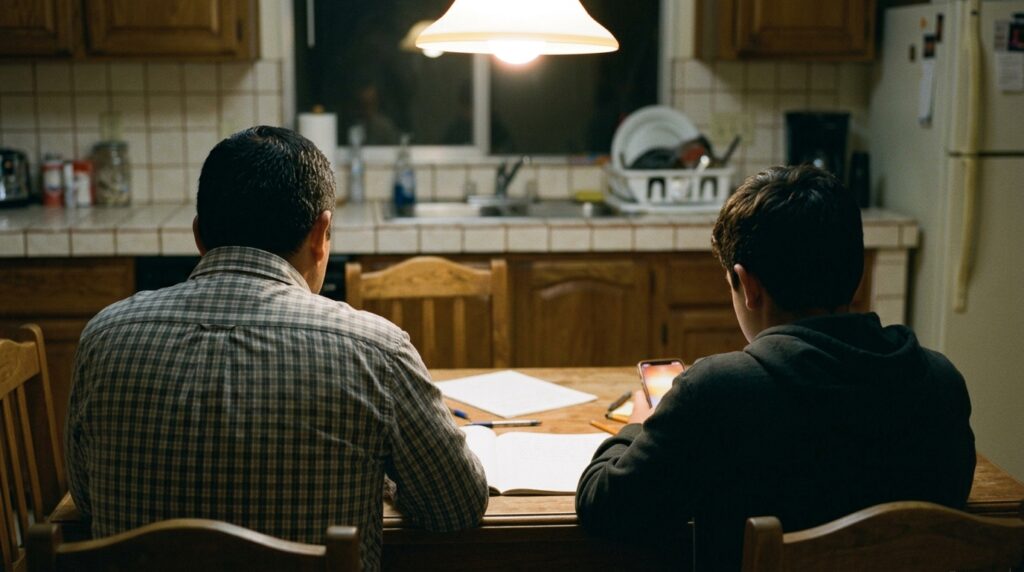 Mesa de cocina de noche con papeles escolares y un celular encendido, padre e hijo conversando sin mirarse