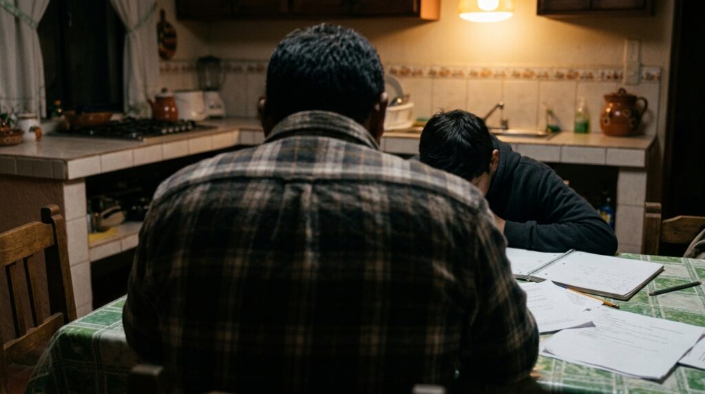 Padre e hijo adolescente en una cocina mexicana de noche, sentados a la mesa con papeles escolares, vistos desde atrás